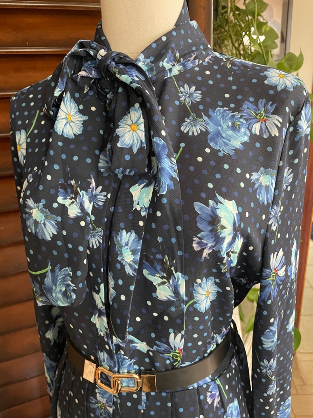 Gracia Navy Floral Tie-Neck Long Sleeve Dress Belt Spring Tea Party Large - Picture 8 of 14